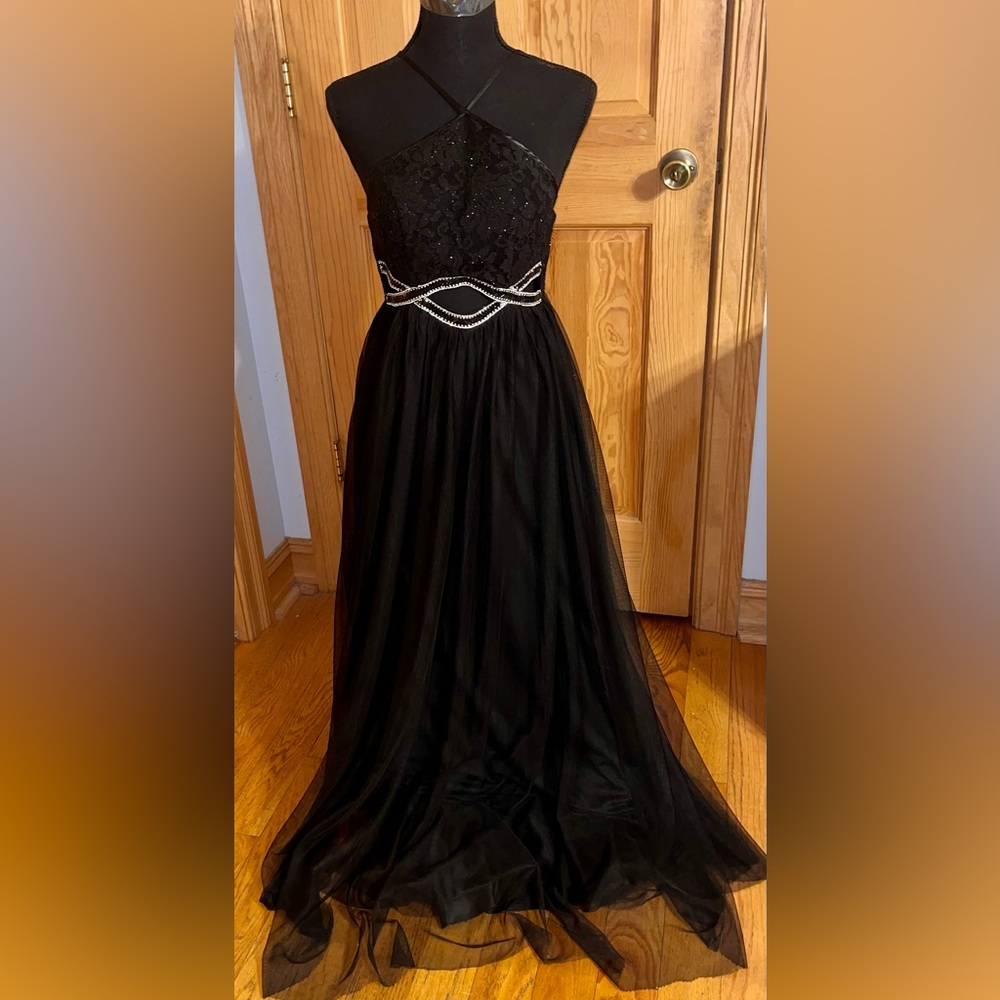 Sequin Hearts Black Lace Tulle Prom Dress Size 0 Embellished Cutout Evening Gown - Picture 4 of 17